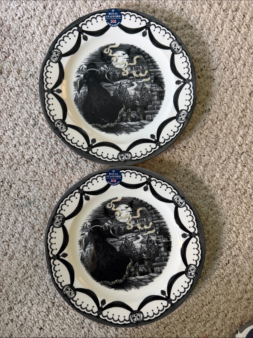Royal Stafford Halloween The Witch Coven Black/White Scenic Dinner Plates - Pair
